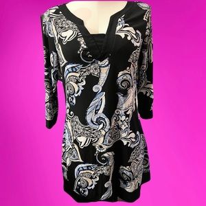 White House black market blue black tunic shirt boho v neck size medium top